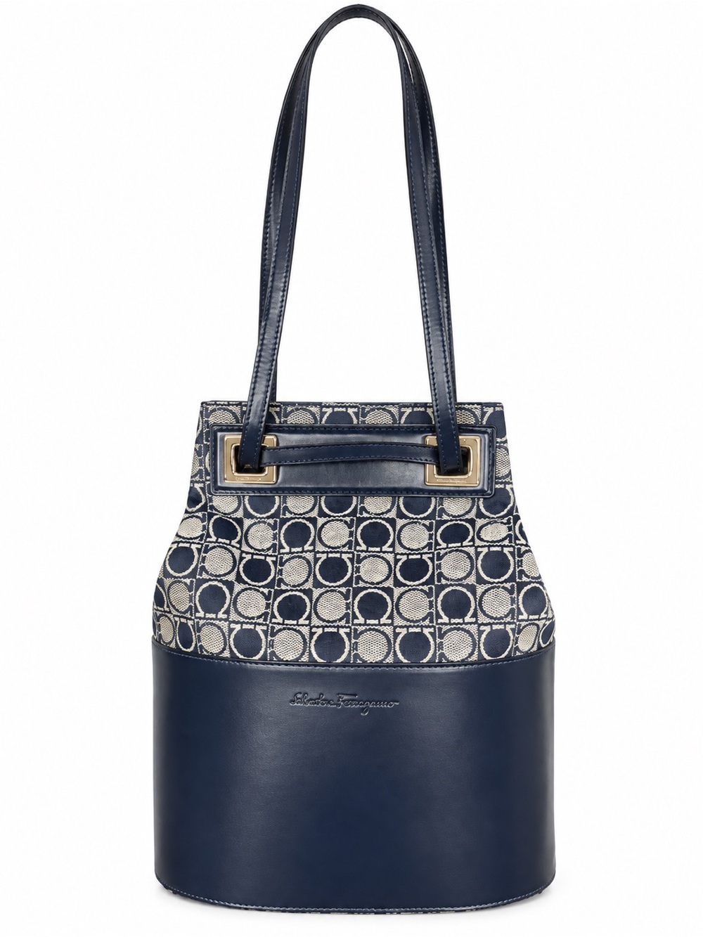 Vintage Salvatore Ferragamo Gancini Monogram Navy Leather Shoulder Bag w/ COA
